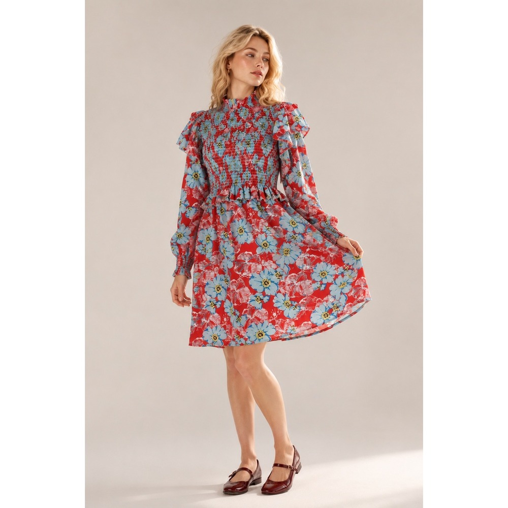 Sunday Up Floral Smocked Mock Neck Mini Dress Large